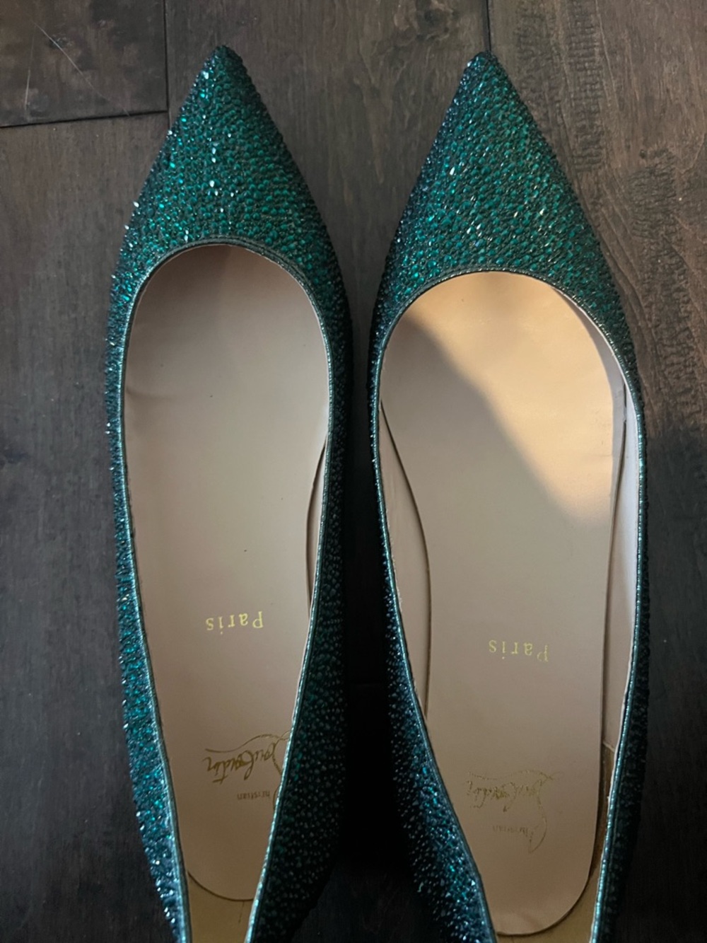 Christian Louboutin Green Glitter Pointed-Toe Flats with Red Dust Bag, box & bag - Picture 5 of 7